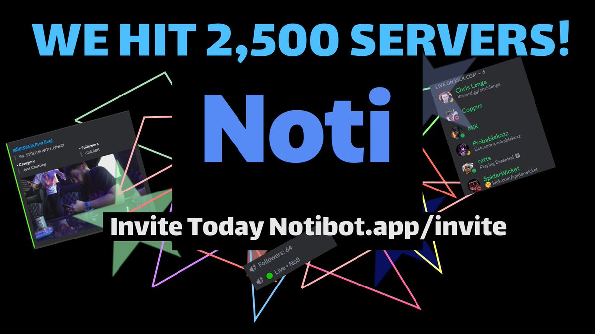 N0tibot's tweet image. WE DID IT! Check us out today notibot.app 

Kick Notifications 
Live Role 
and much more!  

#Kick #KickStreamer #Kickchatbot #discordbot #Kickbot