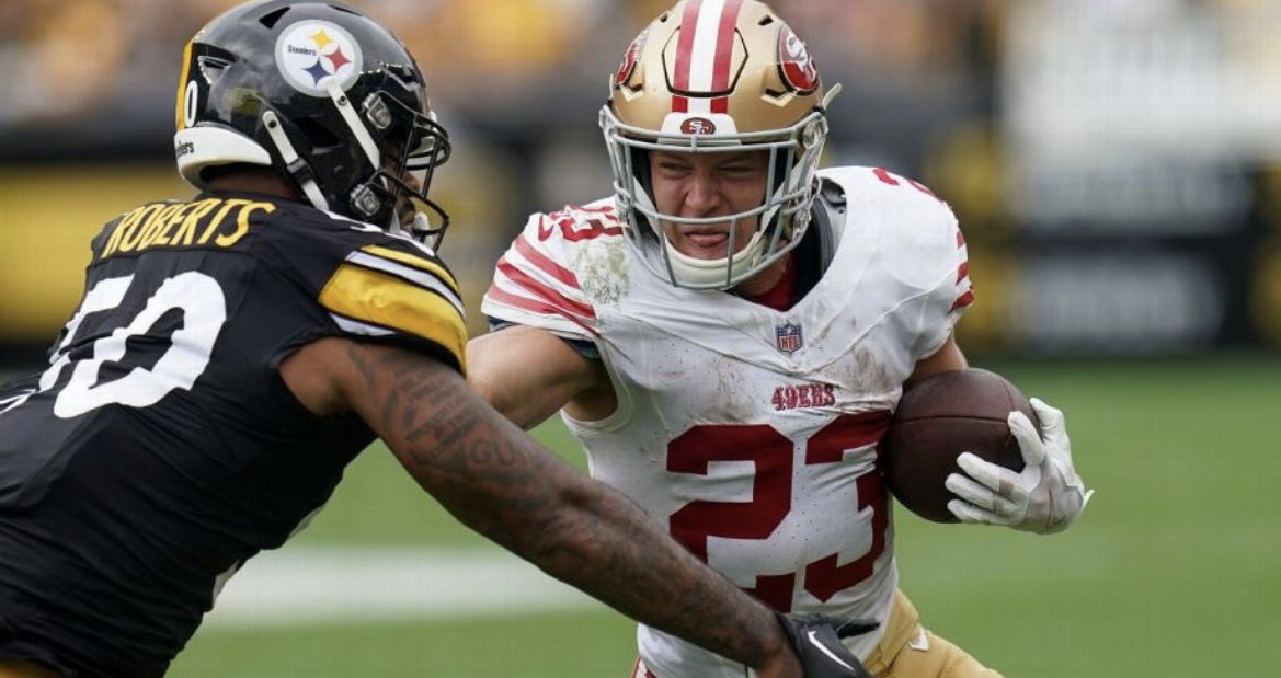 1msportscast's tweet photo. 🏈 Christian McCaffrey just set the field on fire with a 65-yard touchdown run against the Steelers! That's what I call explosive speed and elusiveness. #NFL #McCaffreyMagic #GameChanger #onemansportscast #weknowsports2 #wks2 https://t.co/gndvwUHWC0