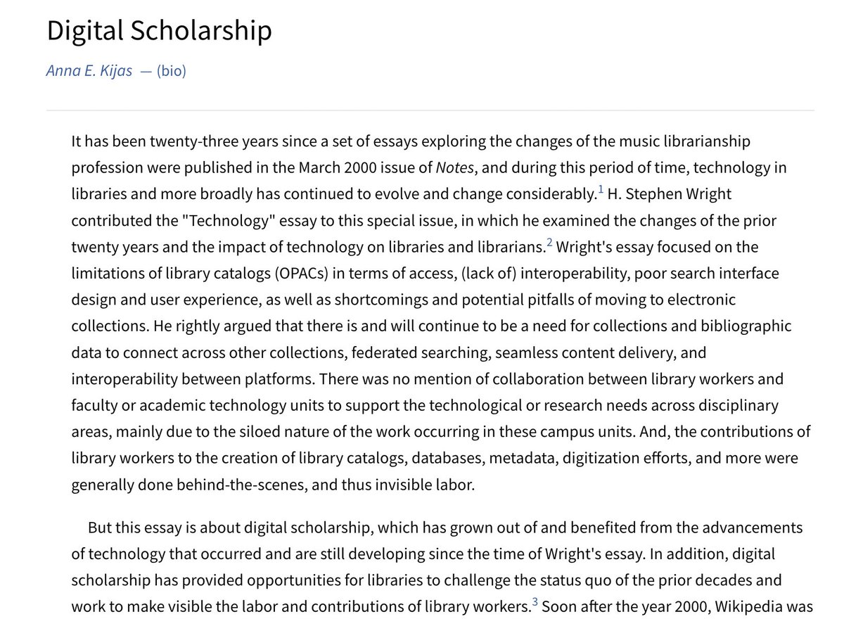 Excited to see my essay on digital scholarship in the MLA journal, Notes, has been published! Read it at doi:10.1353/not.2023.a905313. #digitalscholarship #musiclibraries