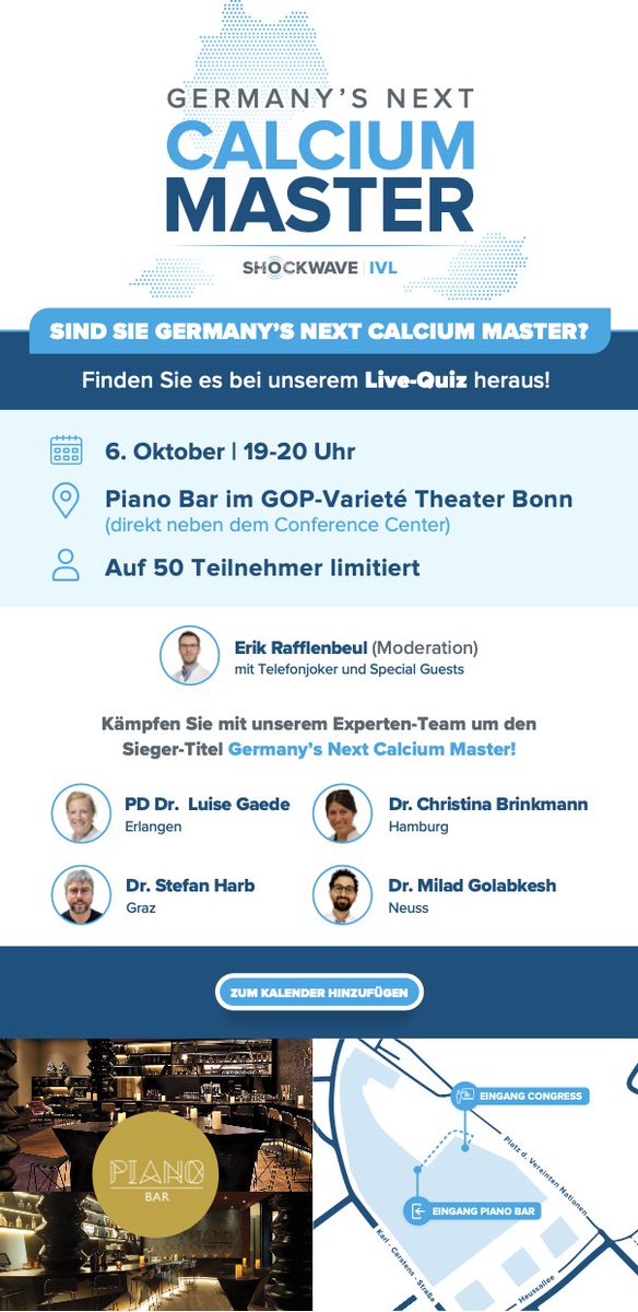 🎯 Reminder I Save the date: 
Am 2. Tag der #DGKHerztage abends 

Live-Quiz @ShockwaveIVL  
✅ 6. Oktober 19:00 - 20:00
✅Piano Bar GOP-Varieté Theater Bonn, direkt neben dem Conference Center

Quizmaster: @KardiologieHH