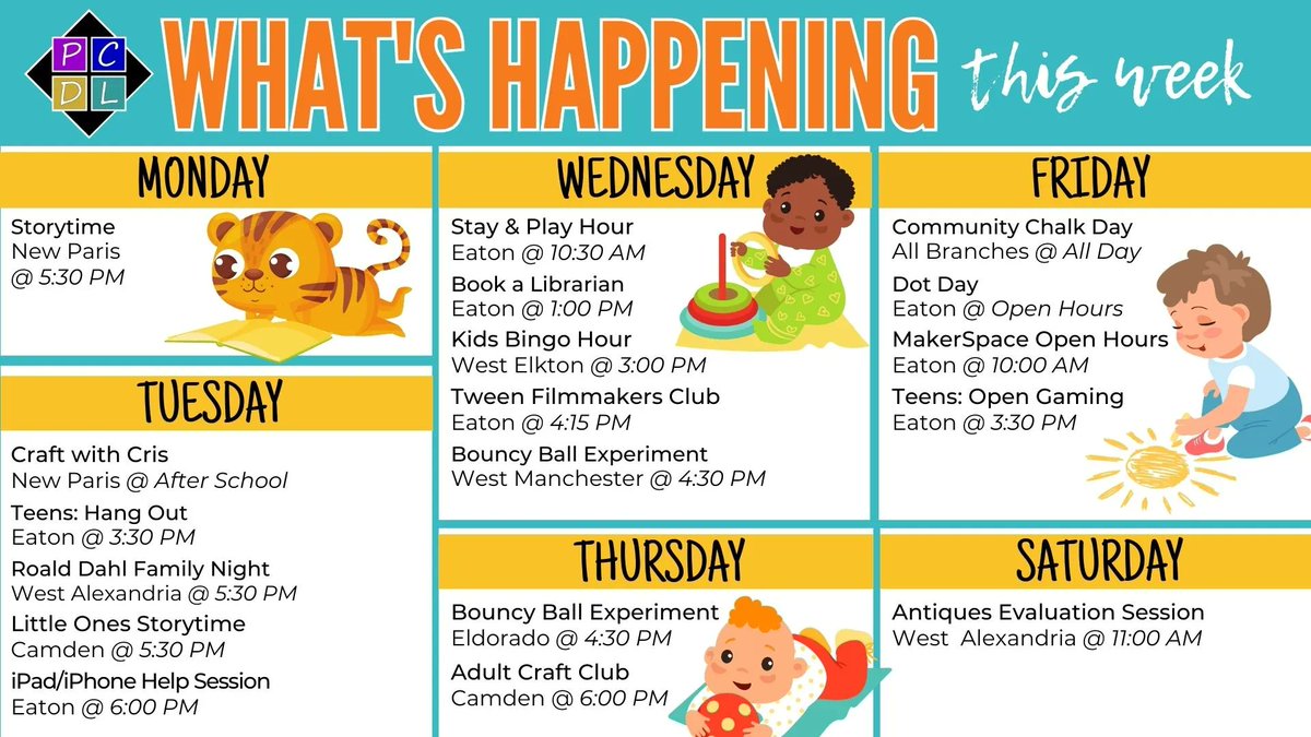 We have so much planned for next week; it's crazy! Stop by your local library for crafts, classes, storytime, and more. For additional information, visit preblelibrary.org/events
