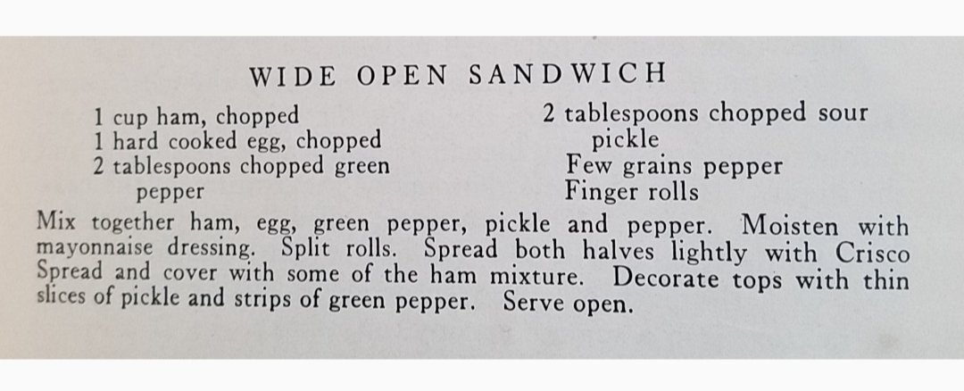 Wide Open Sandwich
-Sarah Field Splint's Selected Recipes 1927

Things are fairly quiet here so I have made the jump to bluesky. 
Recipes can also be found on Instagram and tumblr.