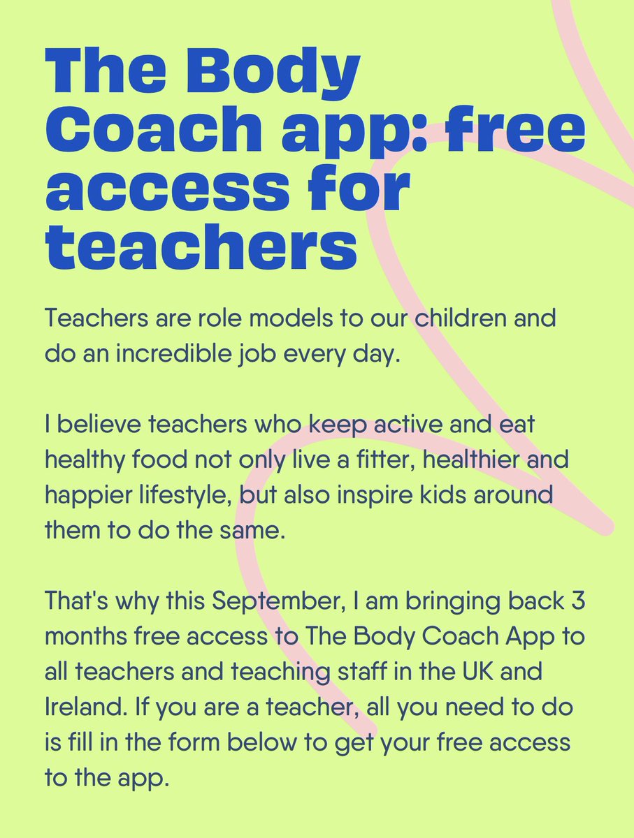Calling all teachers and teaching staff 👋 Don’t miss it!!!! We want you to be fitter and healthier than ever this year, so we're giving you all 3 months on the Body Coach App absolutely FREE 🙌 Get the app here for free: bit.ly/3EhtVxm