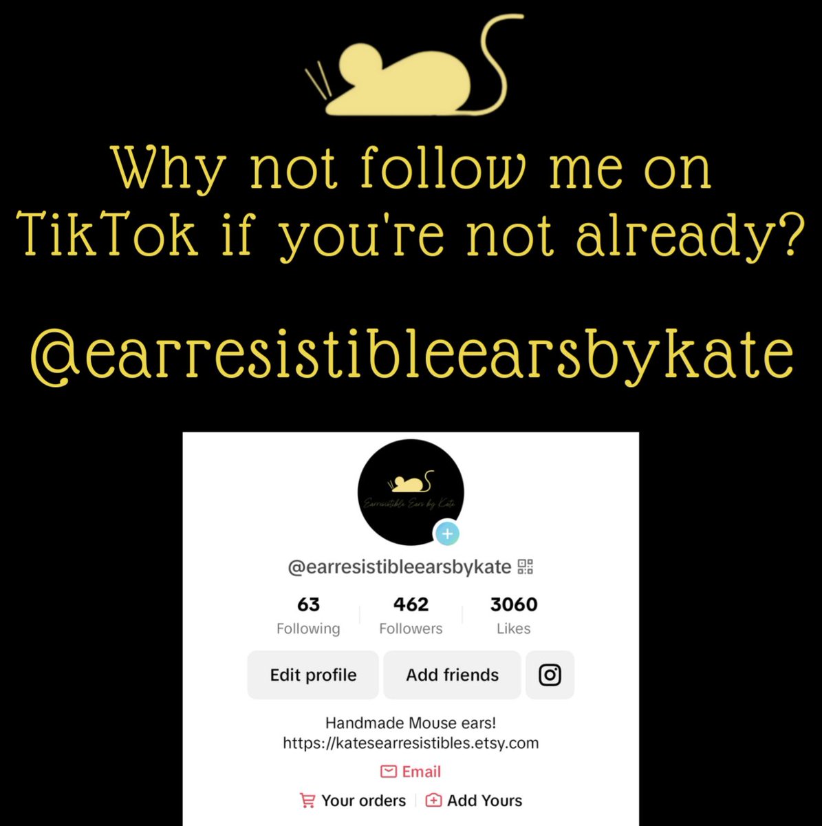 Head over to TikTok to catch all my latest videos! Your follows really help advertise my little shop! ❤️

katesearresistibles.etsy.com

#disneyadult #followme #smallbusinessbigdreams #etsy #mouseears