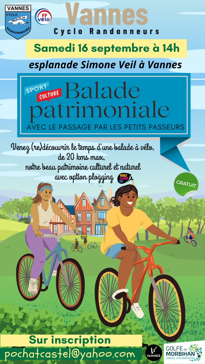 Inscrivez vous 
Super idée de balade à vélo de 20 kms organisée par Vannes Cyclo Randonneurs pour (re)découvrir notre beau patrimoine culturel et naturel avec le passage par les Petits Passeurs, et si vous voulez, option plogging
Plein de surprises vous attendent
c'est GRATUIT