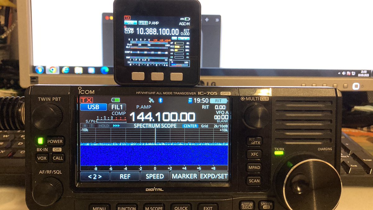 Thanks to @f4hwn the little M5 Stack coupled by Bluetooth to my IC705 now displays my 10GHz Transverter frequency and meter screen plus full spectrum on the 705. This almost converts it into an IC905 :-)