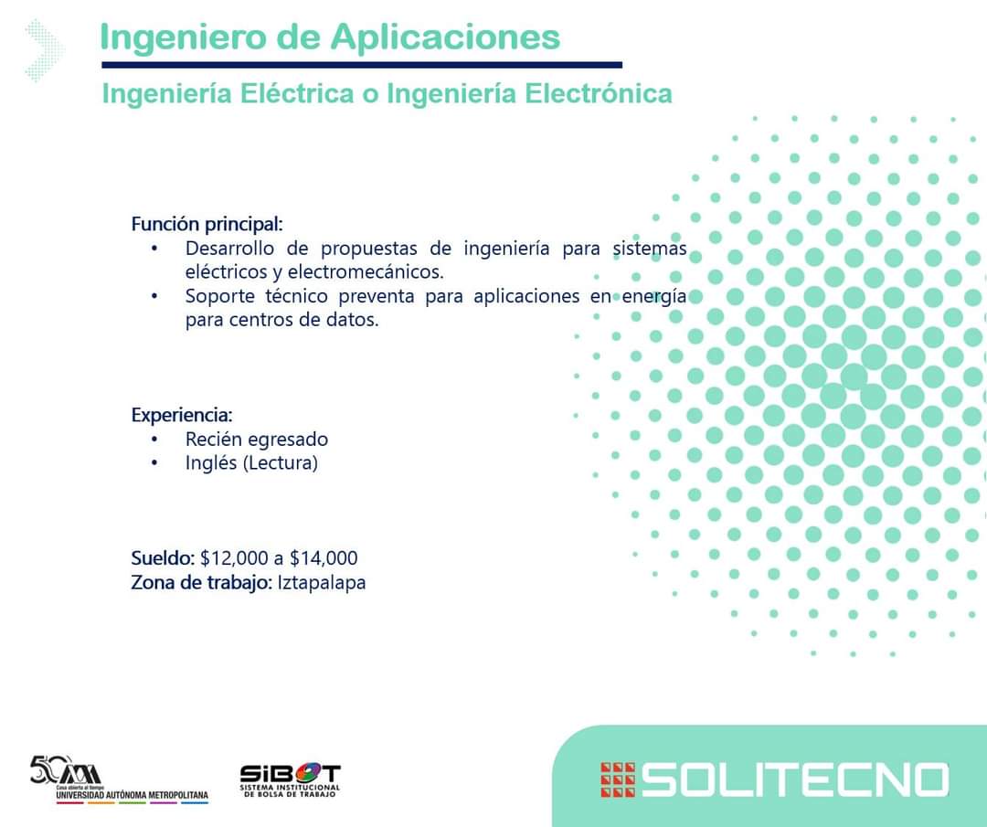 UAM_Iztapalapa's tweet photo. ¡PUEDE INTERESARTE PANTERA!💚
Solitecno tiene una #OportunidadLaboral para ti.
¡Si cubres el perfil no dejes pasar la oportunidad ingresa a tu cuenta en el #SIBOT y conoce todos los detalles!

Postúlate:

https://t.co/5mcG9x98GS

#UAM50 #VinculaciónUAM #BolsaDeTrabajo https://t.co/RkTk04V0Ok