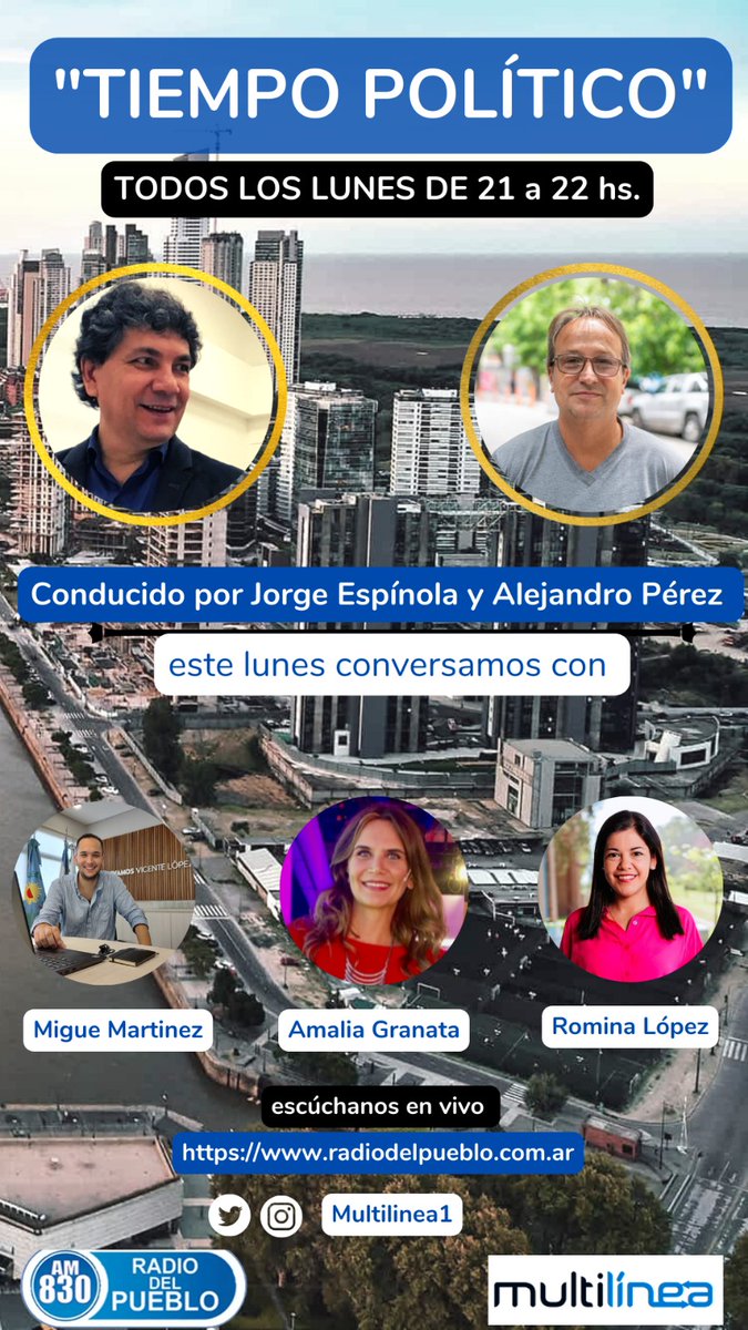 *Tiempo Político*, mañana lunes 11/9 21 hs nos visita Migue Martínez (Comunicación política en campaña). Conversaremos en vivo con: Amalia Granata (Diputada Prov. Santa Fe - Somos Vida) y Romina López (Intendenta San Guillermo, Santa Fe JxC) multilinea.com.ar 
AM 830