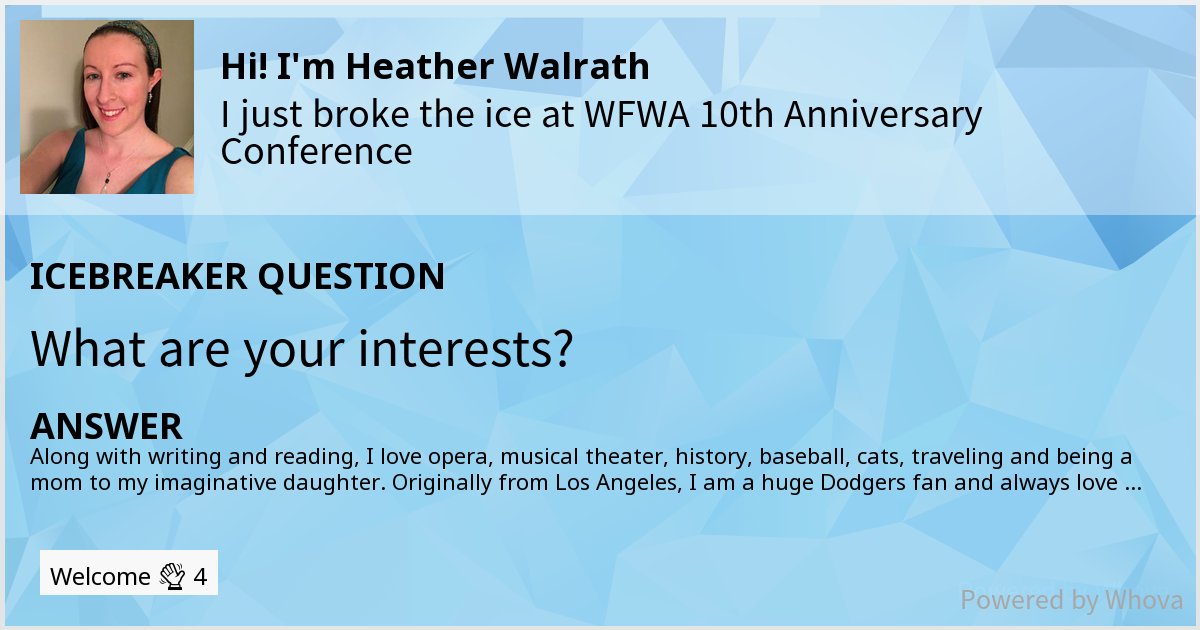 I just broke the ice for the WFWA 10th Anniversary Conference! Looking forward to connecting with everyone on the conference app and in person.