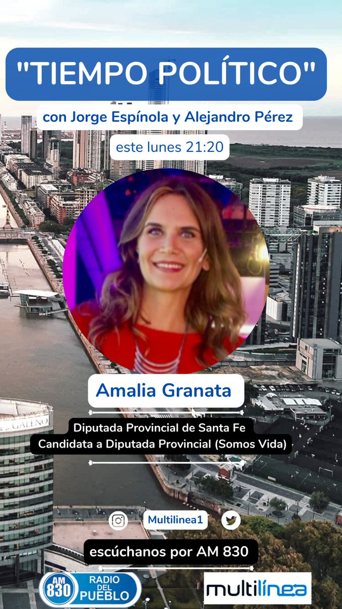 *Tiempo Político*, mañana lunes 11/9 de 21 a 22 hs. Conversaremos de manera telefónica con Amalia Granata - Diputada Prov. de Santa Fe y candidata a Diputada Provincial (Somos Vida) multilinea.com.ar 
Am 830 Radio Del Pueblo
Venos: youtube.com/@amradiodelpue…
<a href="/AmelieGranata/">Amalia Granata 💙💙</a>