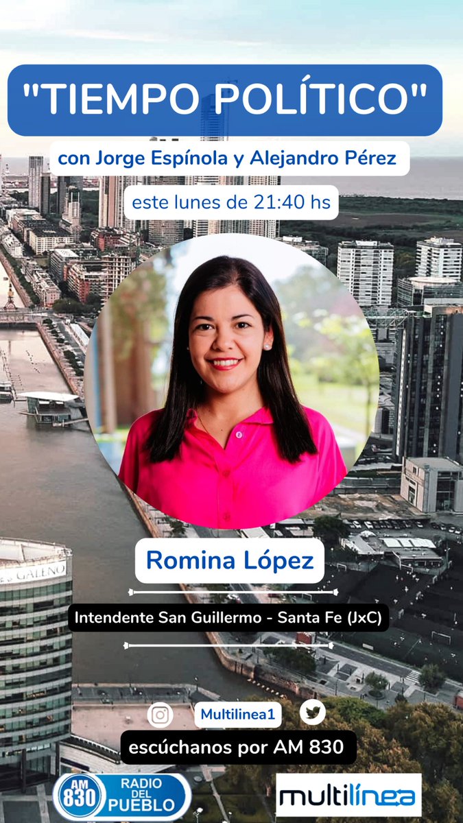 *Tiempo Político*, mañana lunes 11/9 a las 21 hablaremos telefónicamente con Romina López -Intendenta de San Guillermo (JXC), Santa Fe
Seguinos en multilinea.com.ar 
Am 830 Radio Del Pueblo
Venos en youtube.com/@amradiodelpue…
<a href="/PerezAleOk/">Alejandro Pérez</a>