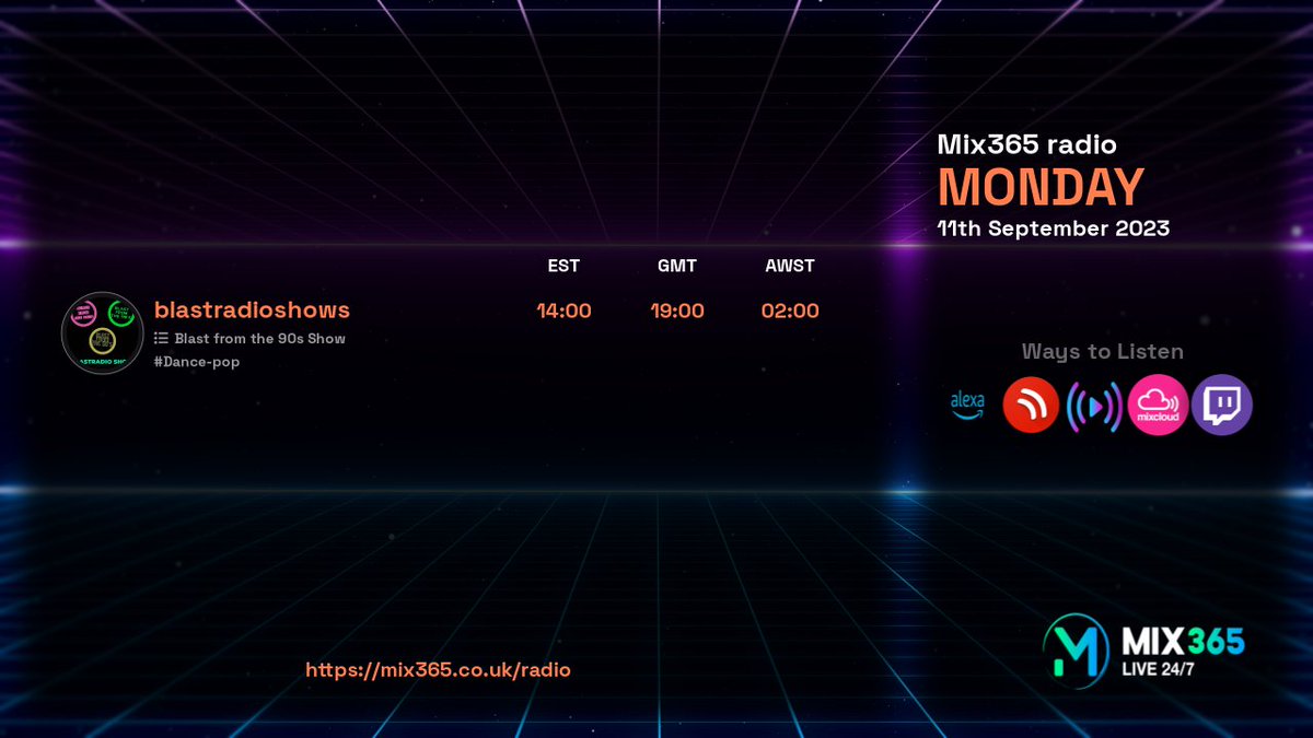 Mix365R's tweet photo. Great line up of djs tomorrow starting with blastradioshows, Monday 11th September 2023. Interact and participate in chats with our DJ's at https://t.co/xik5MqIWdq

19:00 - blastradioshows

#Dance-pop https://t.co/QHSq5kXK1v