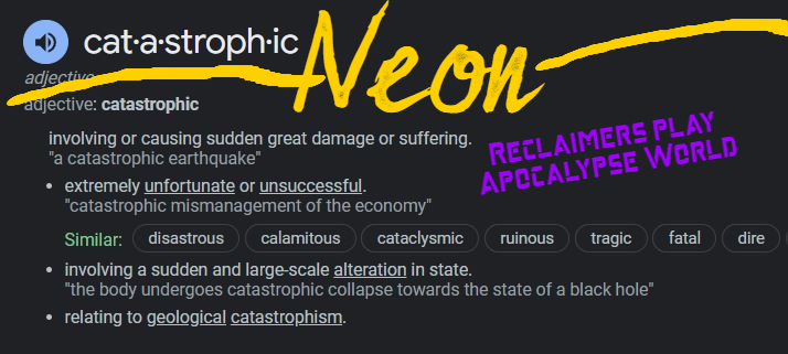 ReclaimersRPG's tweet photo. It's been a long month, but tonight we return to Catastrophic Neon in Apocalypse World. 

The city is without water and electricity.  Some THING is out there eating motorbikes (and riders) at night. 

A ghastly full red moon glows high tonight.

6p/9e https://t.co/OQllHIM7sw https://t.co/cBivantZiM