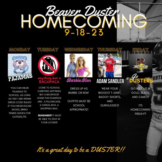 beaver_dusters's tweet photo. DUSTER HOCO 2023!!! Join us for a fun week!! https://t.co/AmctGNi1lF