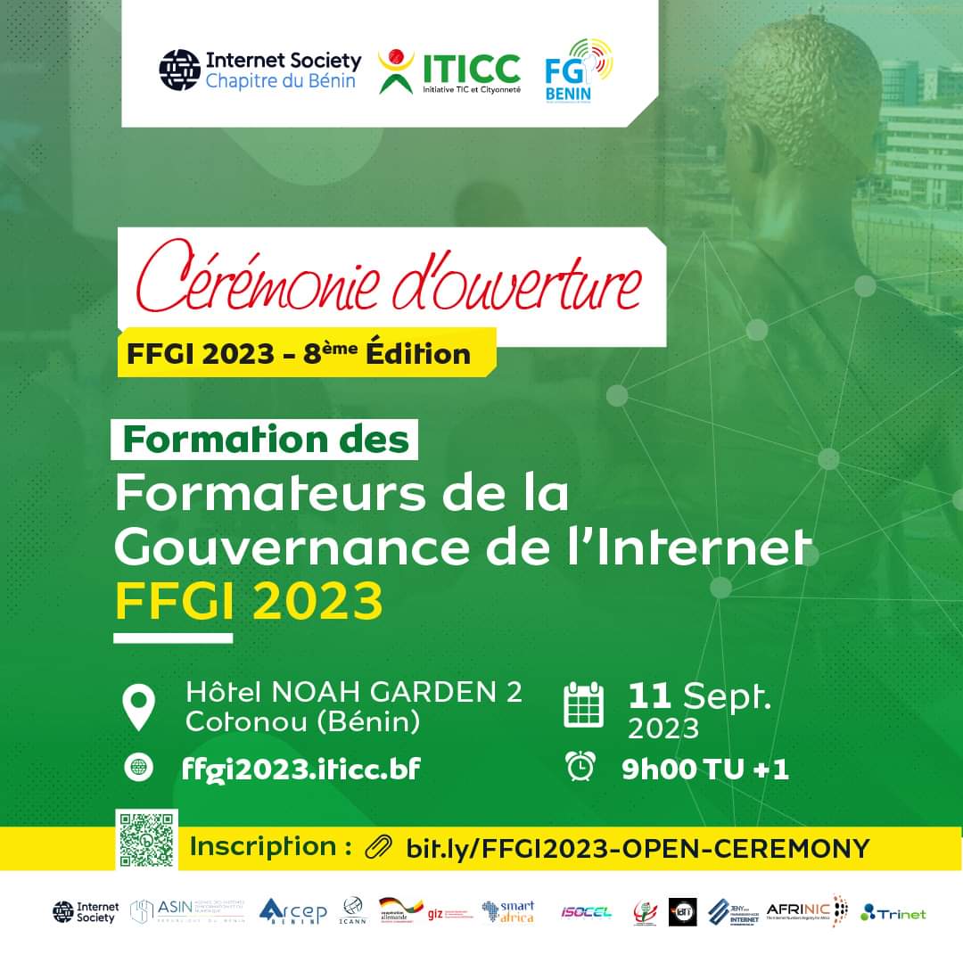 🚀 Rejoignez-nous demain pour la cérémonie d'ouverture de la FFGI 2023
📍 Ça commence à 9h00 à l'Hôtel Noah Garden 2, Cotonou, Bénin.

📝 Vous pouvez aussi nous rejoindre en ligne via : bit.ly/FFGI2023-OPEN-…

#FFGI2023 #ITICC #GouvernanceInternet #Team229