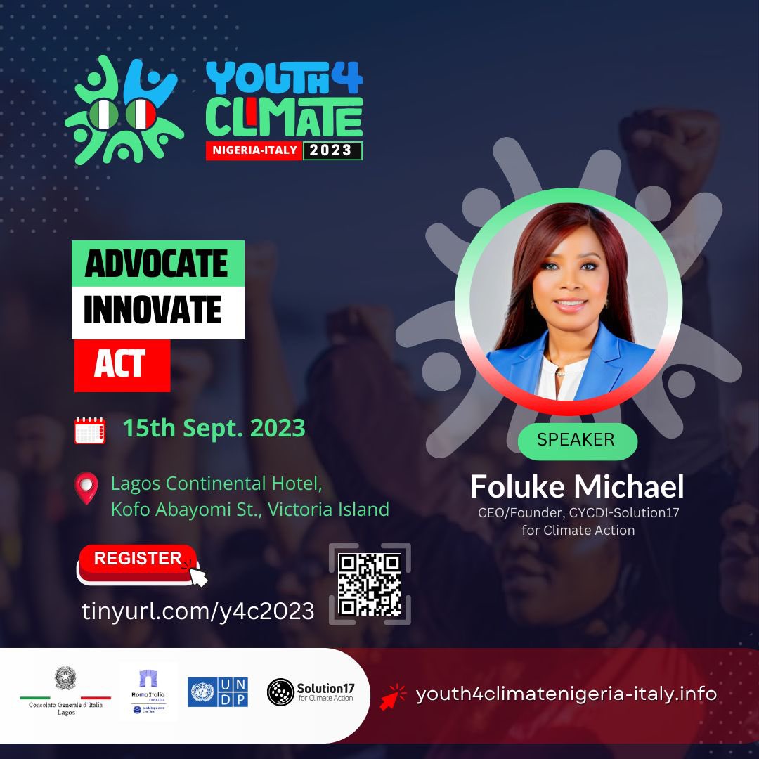FolukeMichael's tweet photo. @WBG_Climate @ClimateWed @JustActProject @Solution17Green @UNDP_RomeCentre @UNDP @MASE_IT @ItalyMFA_int @FAO @BankoleToba @WorldBank @UNDPNigeria @AtokiMories @abchealthafrica @Expo2030Roma @Antonio_Tajani @wto @UNDPClimate @EUClimateAction @humanitarian_bs @UNFCCC @UgoBoni1 @RonKayanja @FAOclimate @OlumideIDOWU @Steve_Oluwatobi @CUHEBRON @UbaniIrene @IYCM @KPMG_NG @thepremiumtrust @chef_wonda 5 Days To Go🚀

I will join the Italian Consulate Lagos as a Speaker at the 🇳🇬🇮🇹 #Youth4Climate Conference on Sept 15 

I'll share insights on Climate Solutions &amp; Innovation during the  Panel Session 

@UgoBoni1 @UNDPNigeria @Expo2030Roma @UNDP_RomeCentre https://t.co/1w8I9wDBYW