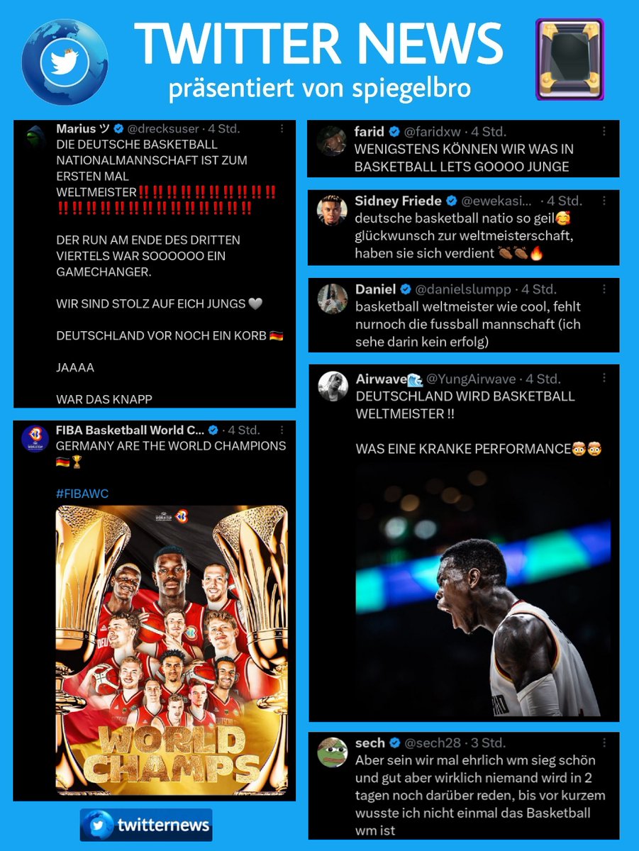 TWITTER NEWS - 10.09.2023

➩ Der Streamer @noway4u_sir wurde brutal ausgeraubt. [Abb.2]
➩ Das @DFB_Team verliert mit 1 zu 4 gegen Japan. [Abb.3]
➩ Die deutsche Basketballnationalmannschaft setzt sich gegen Serbien durch und wird erstmalig Weltmeister. [Abb.4]