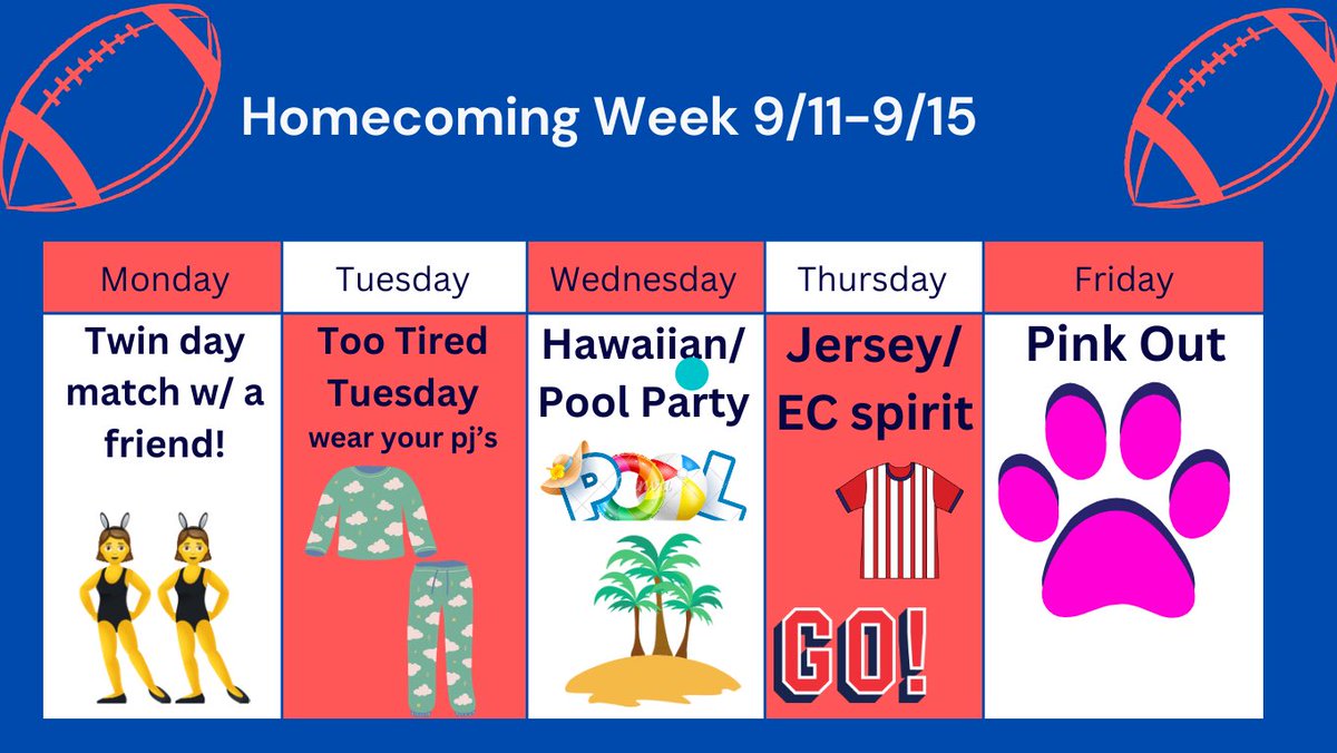 🏈‼️Football Homecoming Week‼️🏈

Check out these dress up days! Mrs. Kepple and Mrs. Murley will have daily awards for student and staff winners. The school dress code will still be enforced each day.