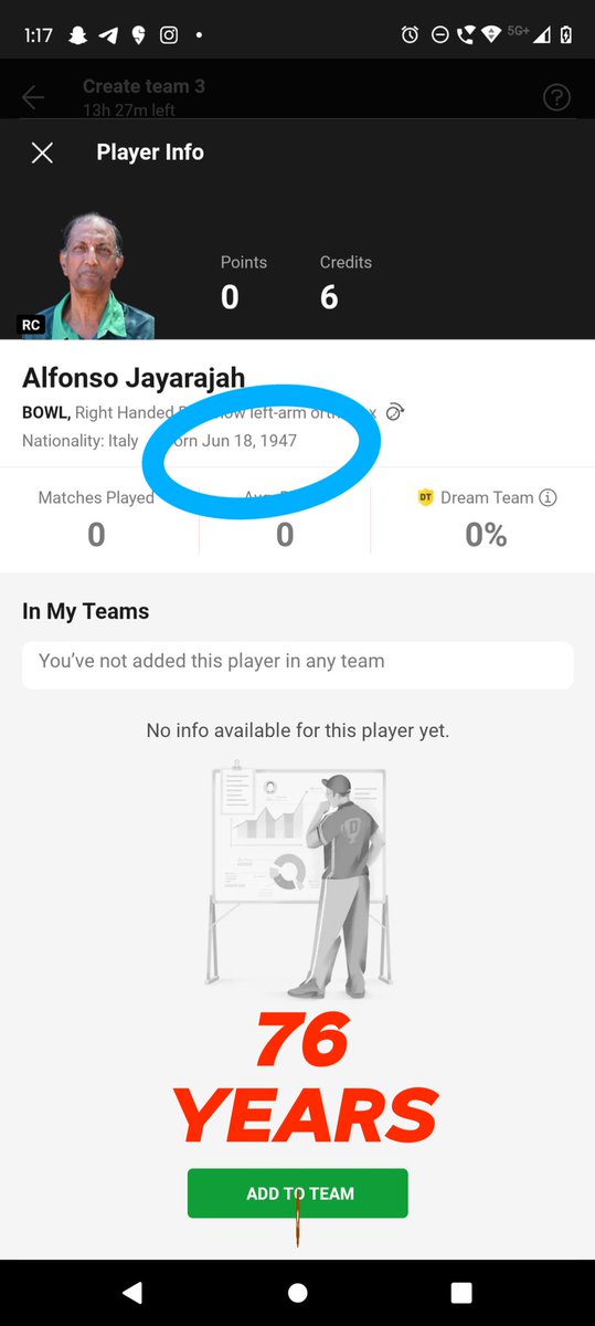 ArvindKuma94963's tweet photo. @Dream11 @FanCode @EuropeanCricket

Over 20 players who are aged 50+ are still part of tournaments like T10. Isn't that amazing?

Many players' stats are not available, yet you call this a skill-based game 😂

Fixing is also a big concern. Please add quality tournaments. #Dream11 https://t.co/865NUEbiA2