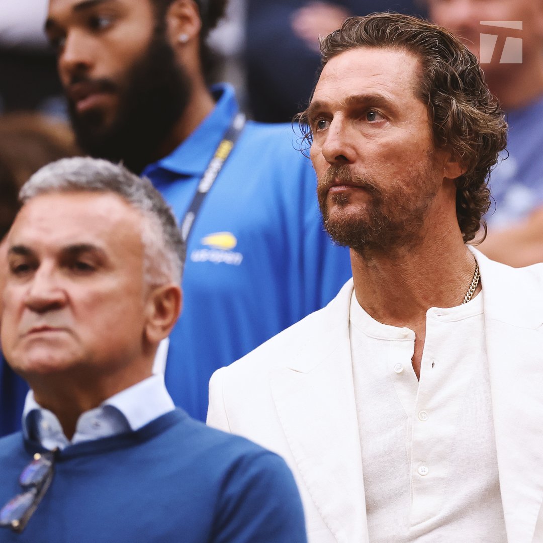 TennisChannel's tweet photo. Straight from Texas-Alabama 🏈 last night, Matthew McConaughey is in Novak Djokovic's box today!

#USOpen https://t.co/CUDgfFlEGJ