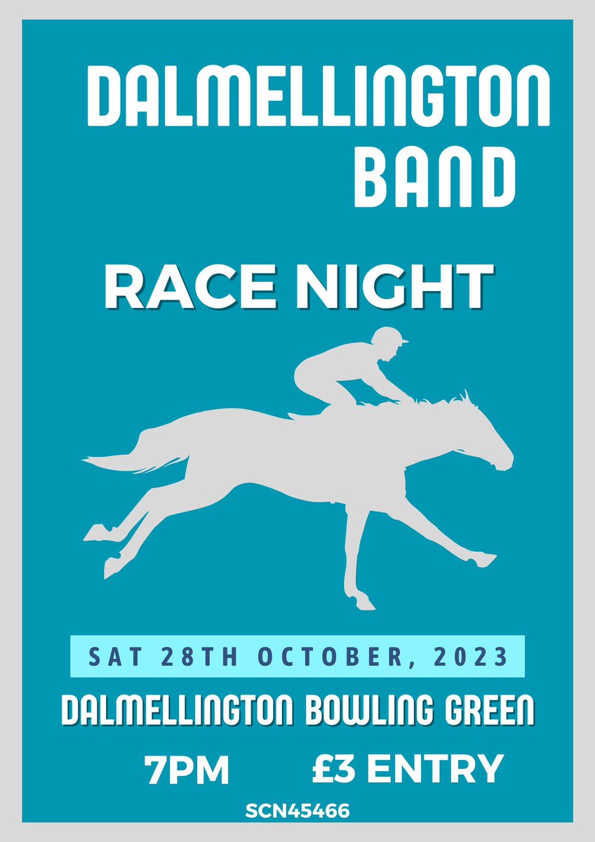 Dalmellington Band Race Night🏇

📆 Saturday 28th October
📍Dalmellington Bowling Green
⏰ 7pm
💷 £3
