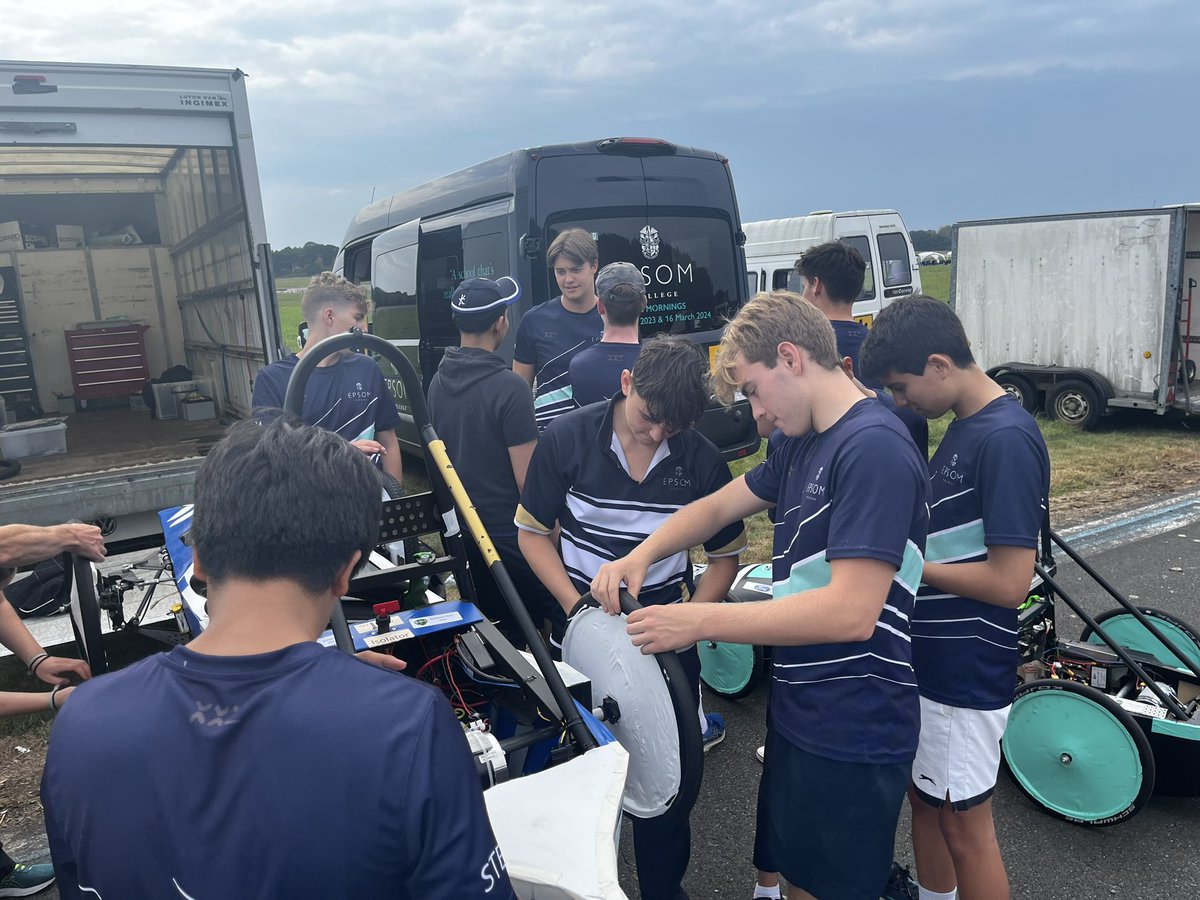 EpsomC_Science's tweet photo. A great day out at Dunsfold (aka the top gear test track) for today’s @greenpower_team race. Both our F24 and F24+ teams worked hard to get the cars back on track after the summer holidays. Well done to all the team! https://t.co/zoleS6NAlN