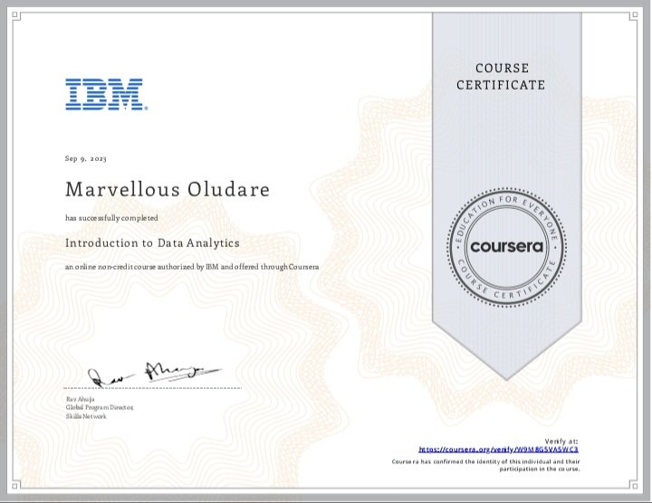 OludareAbolaji's tweet photo. Just wrapped up the first phase of my Data Analysis course and got that shiny certificate 💻 Learning about data has been an incredible journey, and I can't wait to dive deeper into this exciting field. Onwards and upwards! 🚀 #DataScientists #DataAnalysis #CertificationComplete https://t.co/H31VYP3Vck