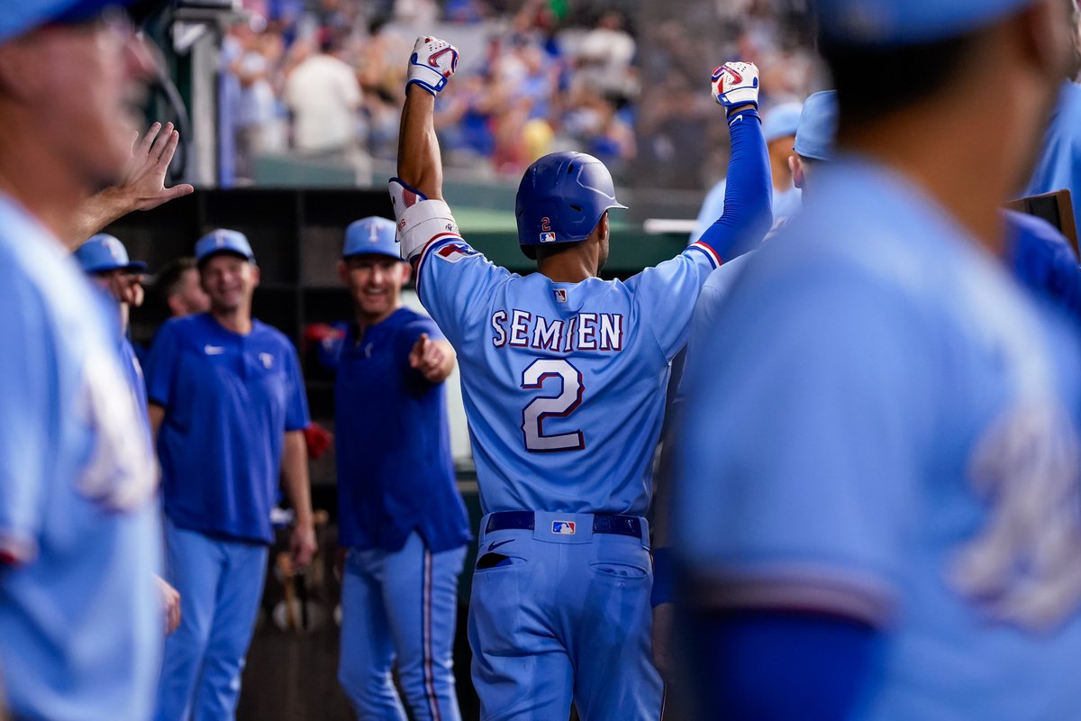 Rangers's tweet photo. When you're celebrating your homer then your boy leaves the yard on the next pitch‼️ https://t.co/RfqHCe7Now