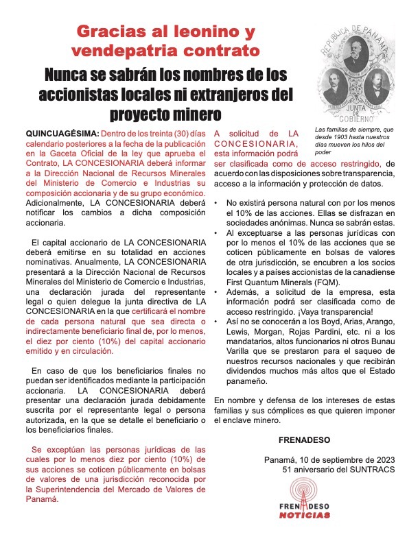 ClaridadPanama1's tweet photo. ¿Transparencia?
Nunca se sabrán los accionistas locales ni extranjeros de la minera.

#PuebloUnido
#MineríaEsMuerte
#NoAlContratoMinero https://t.co/Y4791oRCFI