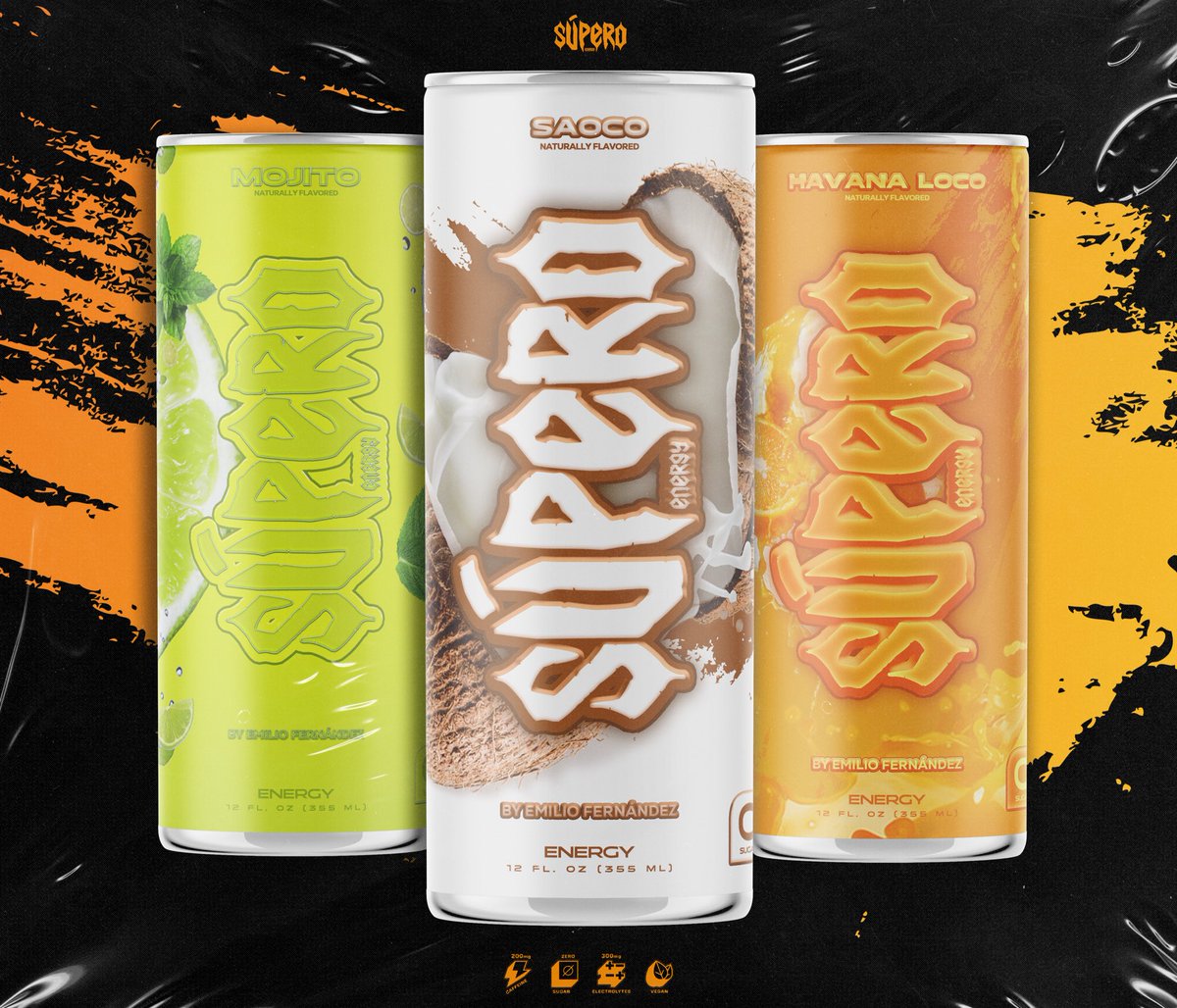 SÚPERO by EMILIO FERNÁNDEZ 🔋​

Introducing our launch of three energy drinks with signature flavors inspired by iconic Cuban beverages; hand-crafted by Emilio himself.

🍋 MOJITO
🥥 SAOCO
🍊 HAVANA LOCO

Shop Súpero Energy &amp; more on SuperoEnergy.com! 😎🔋