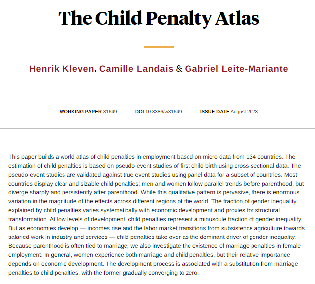 Child penalties — career trends of men and women diverge after they become parents — are present in most countries, and in developed nations, they are the dominant driver of gender inequality, from Kleven, Landais, and Leite-Mariante nber.org/papers/w31649