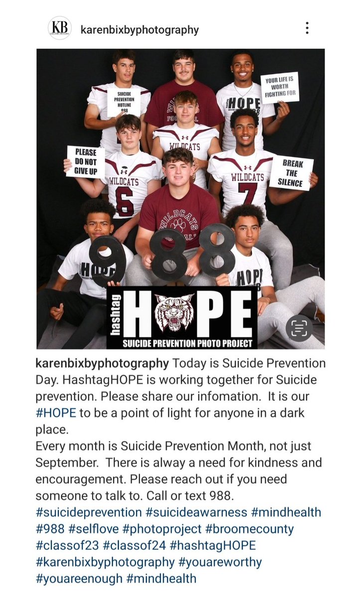 Your JC Wildcats Football team is spreading awareness for suicide prevention.
                         You. 
                         Are.
                         Not. 
                        Alone.
#988 #suicideprevention #reachout #wildcatpride #peytonslastride <a href="/PBrzozowy/">Peyton Brzozowy</a>