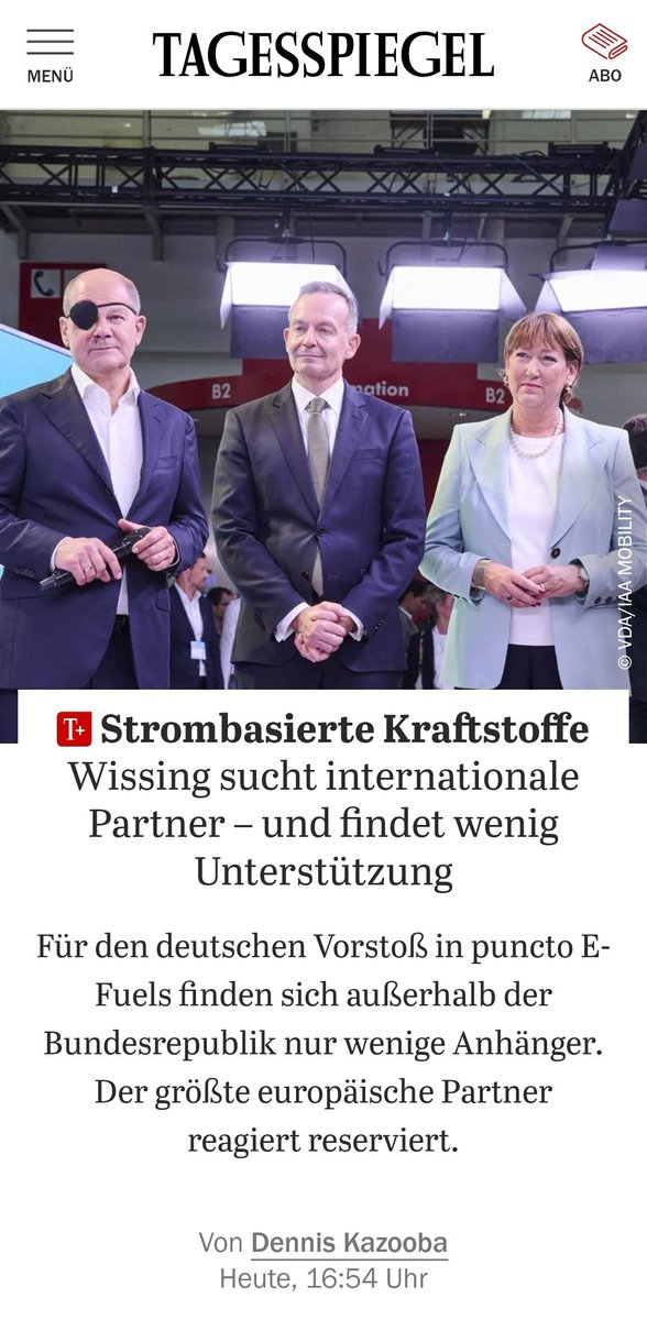 Eigentlich wollte das Bundesverkehrsministerium am Rande der #IAA mit Dutzenden anderer Ländern eine internationale "E-Fuels-Erklärung" unterzeichnen.

Allerdings waren weltweit laut <a href="/Tagesspiegel/">Tagesspiegel</a> nur 3 (!) Staaten bereit diese Erklärung zu unterzeichnen.