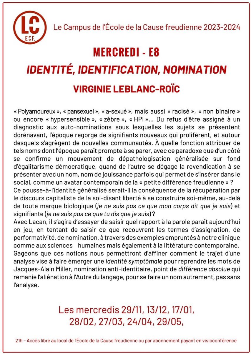 guidelacanienGP's tweet photo. Le Campus de l'ECF :  IDENTITÉ, IDENTIFICATION, NOMINATION - L'ARGUMENT DE V. LEBLANC-ROÏC
En présentiel ou en Visio 👇
https://t.co/6IOZkYmmtI… https://t.co/3SySM4HfH1