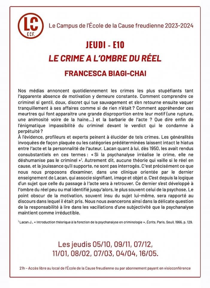 guidelacanienGP's tweet photo. ⭕️ Le Campus de l'ECF 
 LE CRIME À L'OMBRE DU RÉEL - L'ARGUMENT DE F. BIAGI-CHAI

En présentiel ou en visio 👇🏼
https://t.co/NzoTPVTpbu https://t.co/f8u24gbFQw