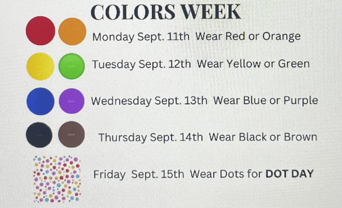 We are so excited that our kindergarten students have joined us at school! This week we will celebrate colors week to help them learn their colors. We hope to see lots of students and staff wearing red or orange tomorrow!