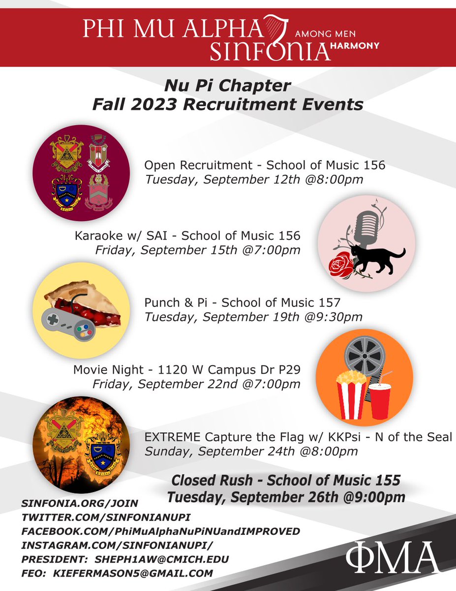 If you are interested in music or joining the Brothers of Phi Mu Alpha Sinfonia, or you just want to get to know who we are and have some free fun, come to our upcoming rush events this Fall!