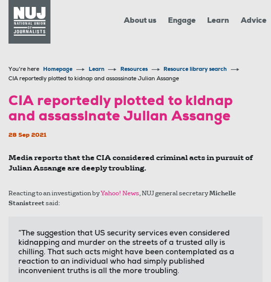 wikileaks's tweet photo. National Union of Journalists: 'The CIA reportedly plotted to kidnap and assassinate Julian Assange - we demand his release' #FreeAssange https://t.co/kBbNysl1Gl https://t.co/48dlKfNhph