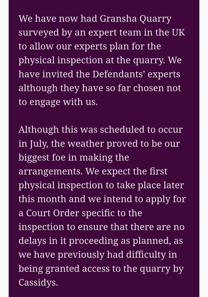 Coleman Legal have arranged for an expert team to inspect Cassidy's Gransha Quarry.  A court order will be filed in advance on the back of previous 'difficulty in being granted access to the Quarry by Cassidys'