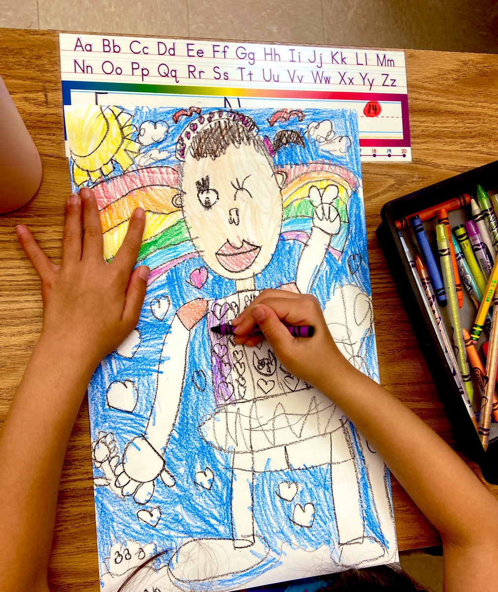 First grade self portraits <a href="/Oakton_ES/">Oakton ES</a> with clues to tell us more about the artist. #elementaryArt #drawing #shapes #selfportrait #crayola