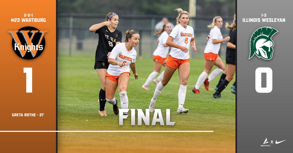 WartburgKnights's tweet photo. Knights Win!!🔥 

No. 23 @wartburgwsoccer 1, Illinois Wesleyan 0

Greta Rothe scored the game winner with an assist from Meredith Connor! Wartburg is now 2-2-1 overall. https://t.co/Jk8z4FZgK1