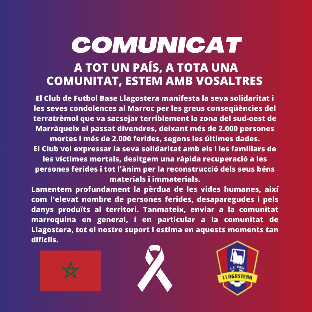 COMUNICAT DEL CLUB EN SUPORT A TOTES I TOTS ELS AFECTATS PEL TERRATRÈMOL QUE HA SACSEJAT AL MARROC.
