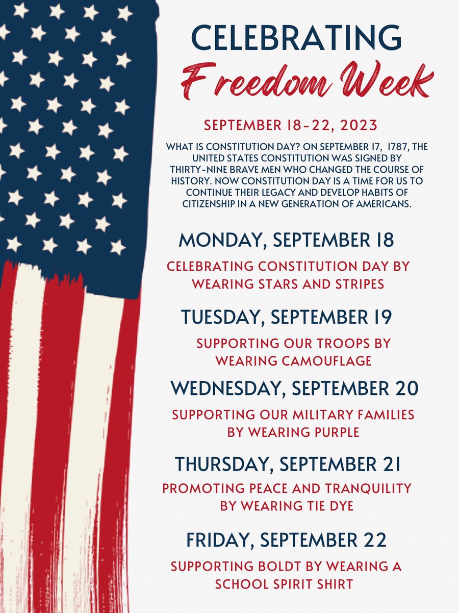 Help us Celebrate Freedom Week~ September 18-22, 2023. 🇺🇸<a href="/NISDBoldt/">Boldt Elementary</a> <a href="/BoldtCounseling/">NISD_BoldtCounseling</a>