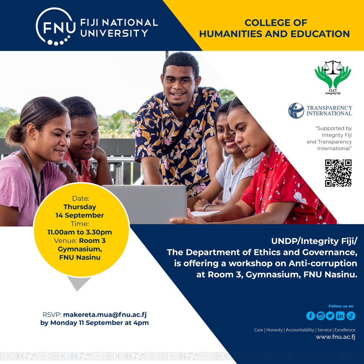 FNUFiji's tweet image. 📢 The Fiji National University, in collaboration with @mfat_pacific
@undp_pacific and @SonjaStTr offering a workshop on anti corruption. RSVP now to join.

#TeamFNU #UNPRAC #PacificYouthVision #integrity #transparency #accountability