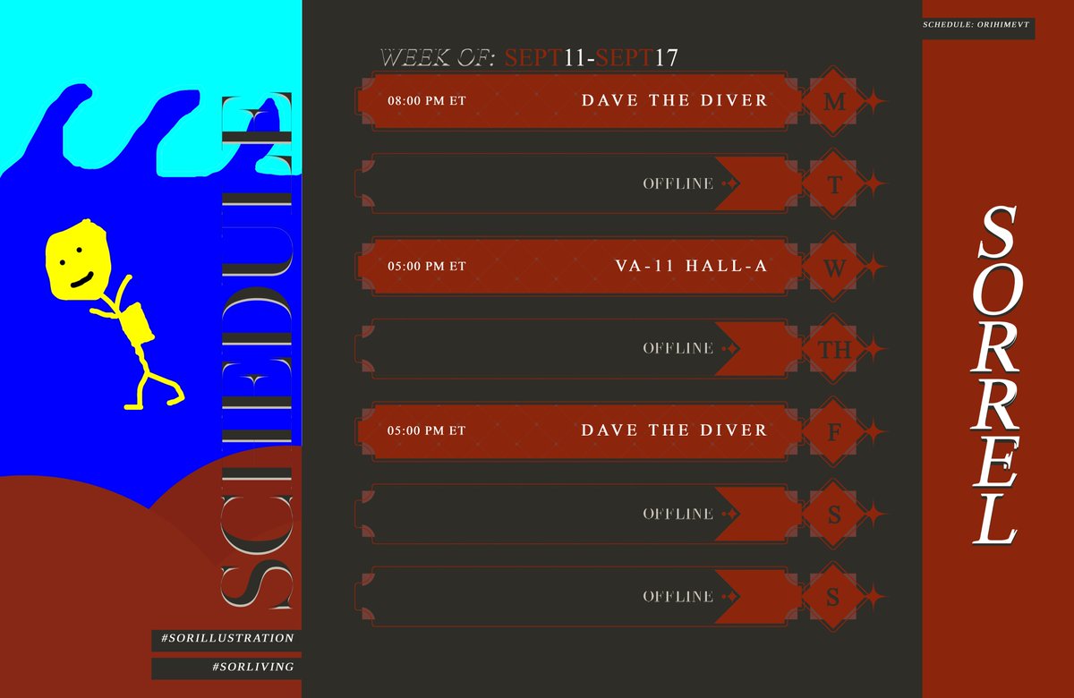SorinSorrel's tweet photo. Actually posting my schedule ahead of time for once!
Still trying to figure out my best time slots.
Art by me
#ENVtuber #FlaVR https://t.co/e6CAWYSc11