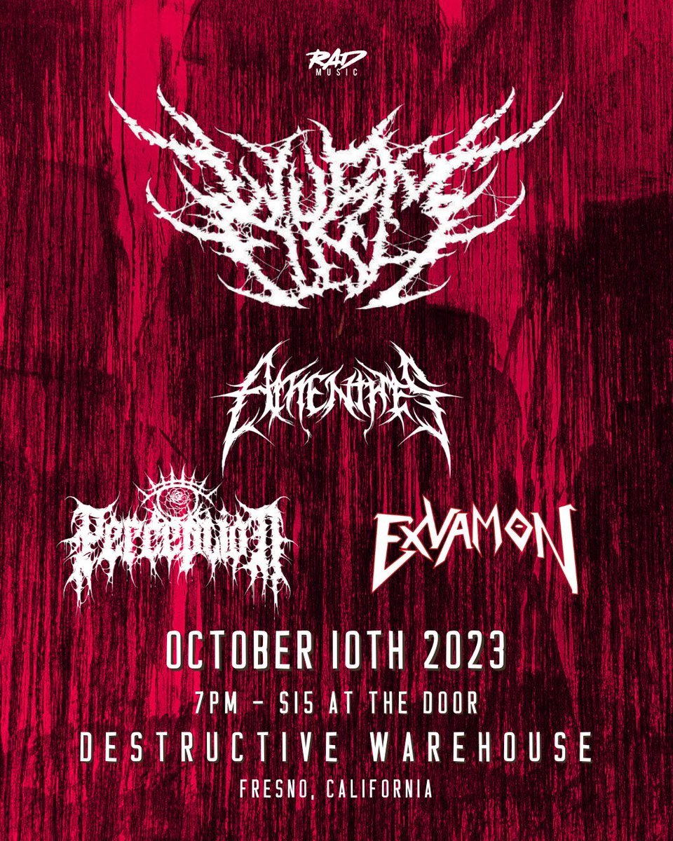 radmusicOF's tweet photo. Wurm Flesh are taking over #DestructiveWarehouse October 10th with @AmenthesBand @PCTNwestcoast and #Exvamon!! Don't miss this 🤘
#rad #radmusic #fresno #downtownfresno #metal #deathmetal #deathcore #metalcore #wurmflesh https://t.co/aeLpEZEMHC