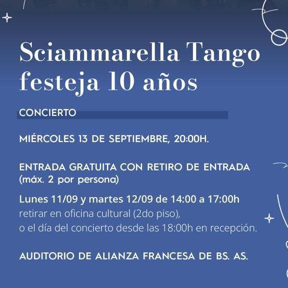 <a href="/LasSciammarella/">Sciammarella Tango</a> celebramos una década en el mundo del tango argentino y la francofonía en el auditorio de la <a href="/AlianzaFBsAs/">AlianzaFrancesaBsAs</a> (Av. Córdoba 946) el miércoles 13 de septiembre a las 20h <a href="/IFArgentine/">Institut français AR</a> <a href="/FranceArgentine/">La France en Argentine🇨🇵🇪🇺</a> <a href="/RFI_Es/">RFI en Español</a> <a href="/TV5MONDE/">TV5MONDE</a> <a href="/LegisCultura/">Acción Cultural Legislatura CABA</a> <a href="/aexalevi/">Asociación Lenguas Vivas</a>
