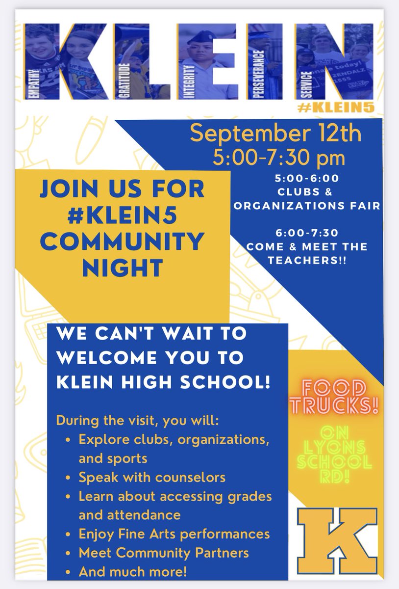You don’t want to miss this!! @KleinHigh #Klein5 Community Night aka Open House. Come experience all of the great things happening at Klein High. #Bearkats @KHScounselors1 @KleinHighChoir @Klein_Cheer @bearkadettes @KleinBand @kleinorch @klein_drama @klein_stuco @khs_standleader