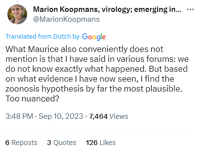 zasdak's tweet photo. Interesting to see Marion Koopmans take a 'nuanced' stance on the lab origin theory. Quite the departure from earlier comments. Not exactly thrilled about this shift. Marion, a chat on our special line might be in order? #RingRingItsPeter https://t.co/fHIU4y2nTV