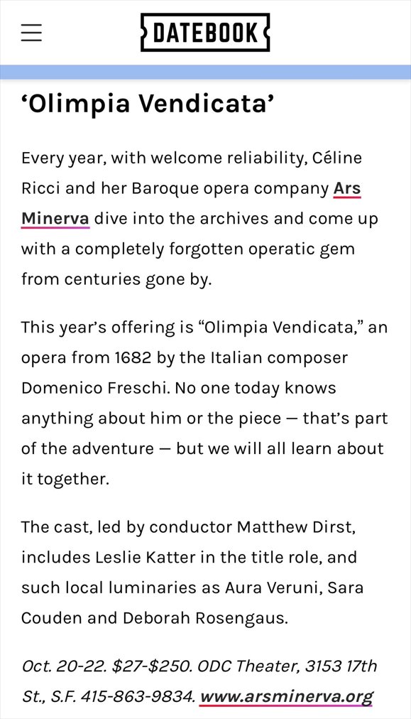BeatriceGomory's tweet photo. Honored that @ArsMinerva is listed as a must see among other Bay Area musical organizations: Datebook, Joshua Kosman. #opera #earlymusic https://t.co/jXTgbHkpcv